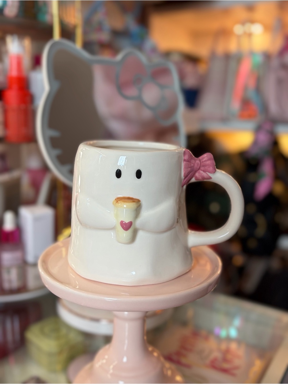 Cute Ghostie Mug with Pink Bow and Coffee
